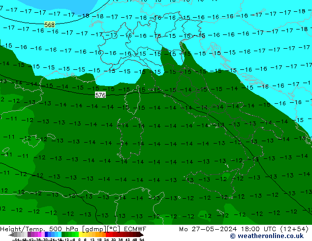 Hoogte/Temp. 500 hPa ECMWF ma 27.05.2024 18 UTC