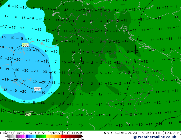 Z500/Rain (+SLP)/Z850 ECMWF pon. 03.06.2024 12 UTC