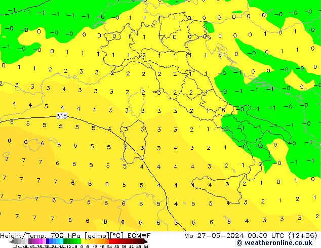 Height/Temp. 700 гПа ECMWF пн 27.05.2024 00 UTC