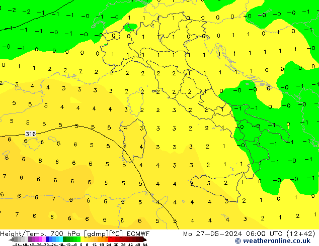 Géop./Temp. 700 hPa ECMWF lun 27.05.2024 06 UTC