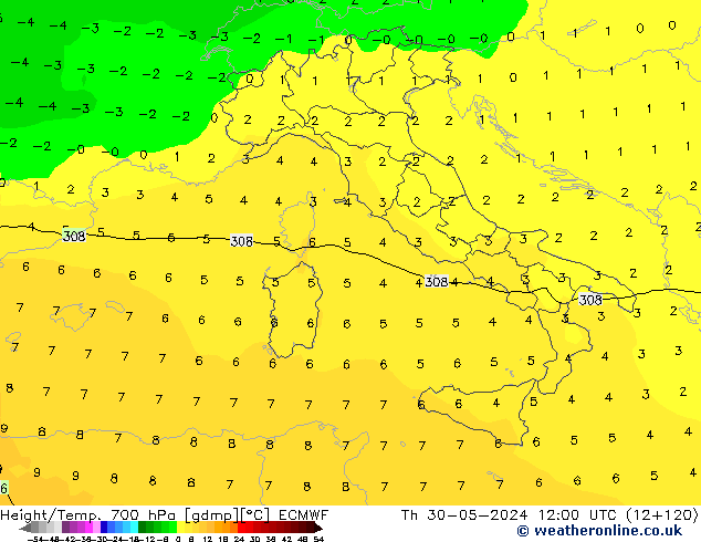 Height/Temp. 700 hPa ECMWF Th 30.05.2024 12 UTC