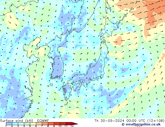 Vent 10 m (bft) ECMWF jeu 30.05.2024 00 UTC