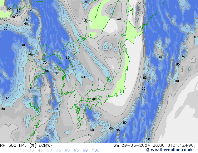 RH 300 hPa ECMWF śro. 29.05.2024 06 UTC