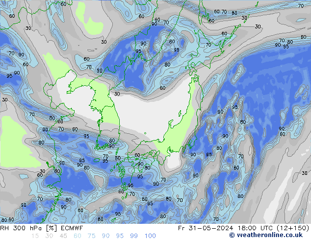 Humidité rel. 300 hPa ECMWF ven 31.05.2024 18 UTC