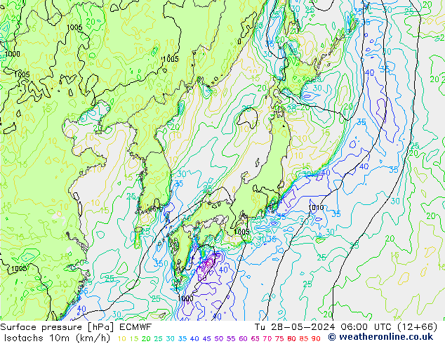 Isotachs (kph) ECMWF Tu 28.05.2024 06 UTC