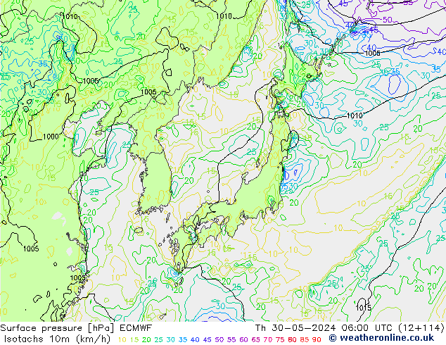 Isotachs (kph) ECMWF jeu 30.05.2024 06 UTC