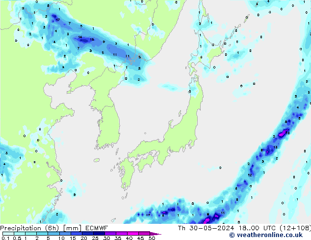 Totale neerslag (6h) ECMWF do 30.05.2024 00 UTC