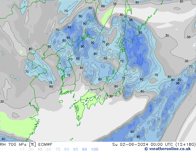 RH 700 hPa ECMWF Dom 02.06.2024 00 UTC