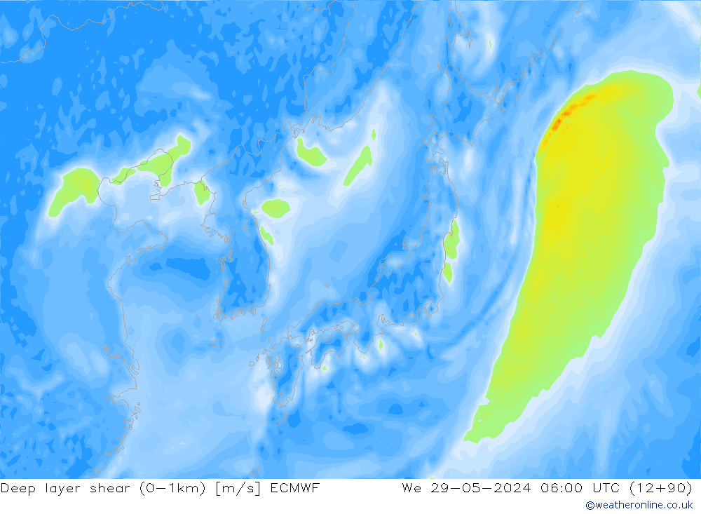 Deep layer shear (0-1km) ECMWF śro. 29.05.2024 06 UTC