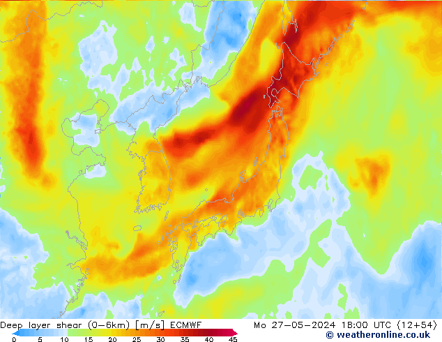 Deep layer shear (0-6km) ECMWF Mo 27.05.2024 18 UTC