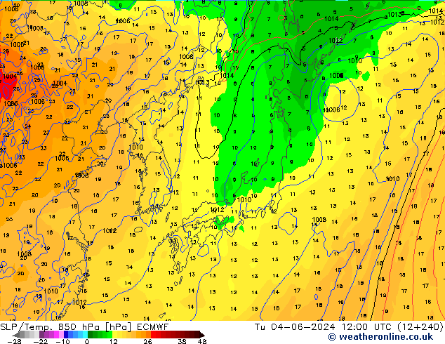 SLP/Temp. 850 hPa ECMWF mar 04.06.2024 12 UTC