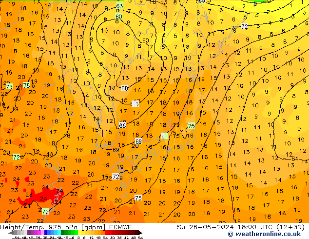 Height/Temp. 925 hPa ECMWF Su 26.05.2024 18 UTC