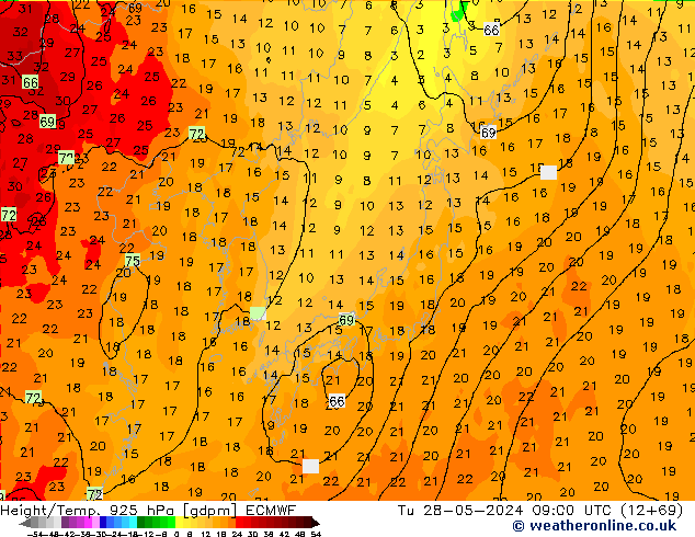 Height/Temp. 925 hPa ECMWF Út 28.05.2024 09 UTC