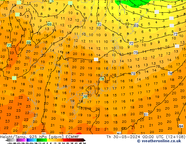 Hoogte/Temp. 925 hPa ECMWF do 30.05.2024 00 UTC