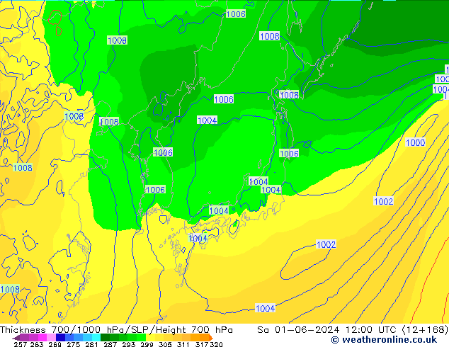 Thck 700-1000 hPa ECMWF sab 01.06.2024 12 UTC