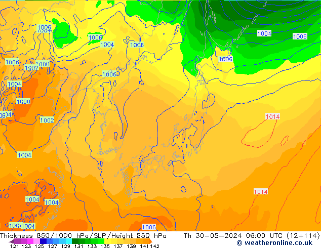 Thck 850-1000 гПа ECMWF чт 30.05.2024 06 UTC