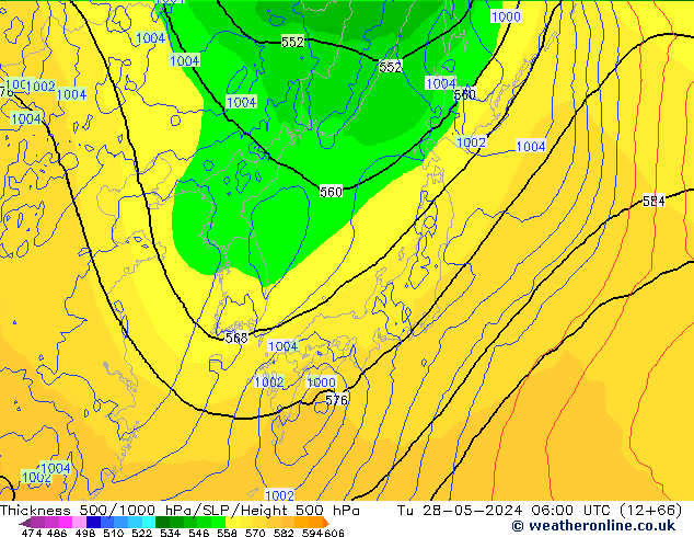 Thck 500-1000hPa ECMWF Tu 28.05.2024 06 UTC