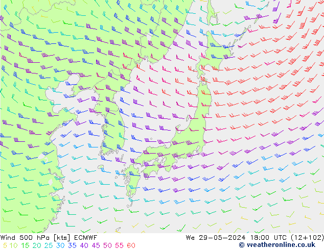 Wind 500 hPa ECMWF wo 29.05.2024 18 UTC