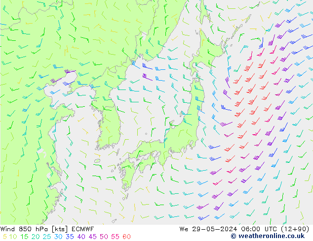 wiatr 850 hPa ECMWF śro. 29.05.2024 06 UTC