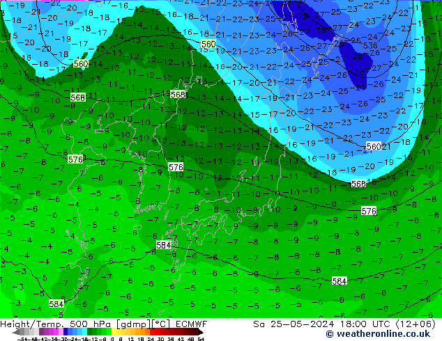 Z500/Rain (+SLP)/Z850 ECMWF Sa 25.05.2024 18 UTC