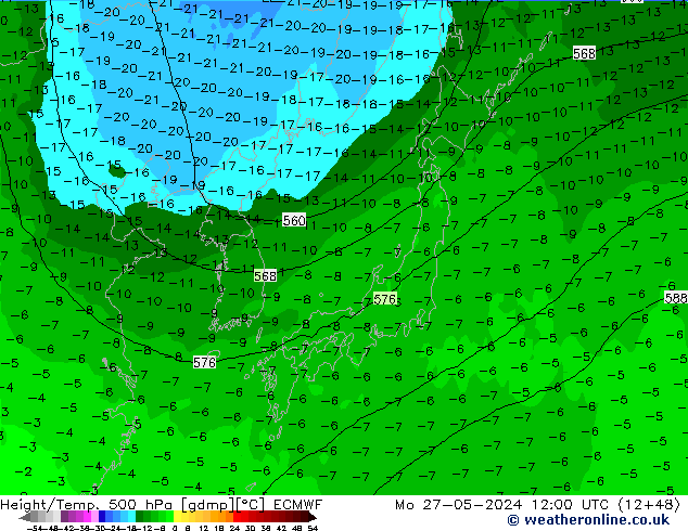 Z500/Rain (+SLP)/Z850 ECMWF Mo 27.05.2024 12 UTC