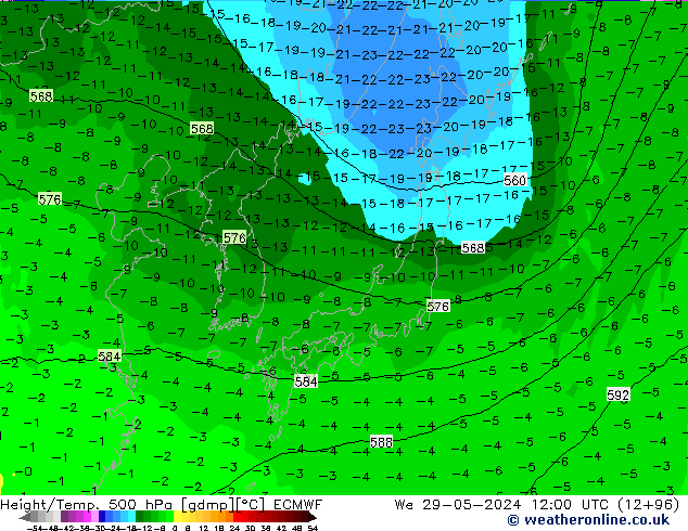 Z500/Rain (+SLP)/Z850 ECMWF mer 29.05.2024 12 UTC