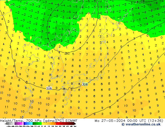 Height/Temp. 700 hPa ECMWF Po 27.05.2024 00 UTC