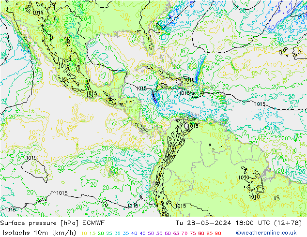 Isotachs (kph) ECMWF Tu 28.05.2024 18 UTC