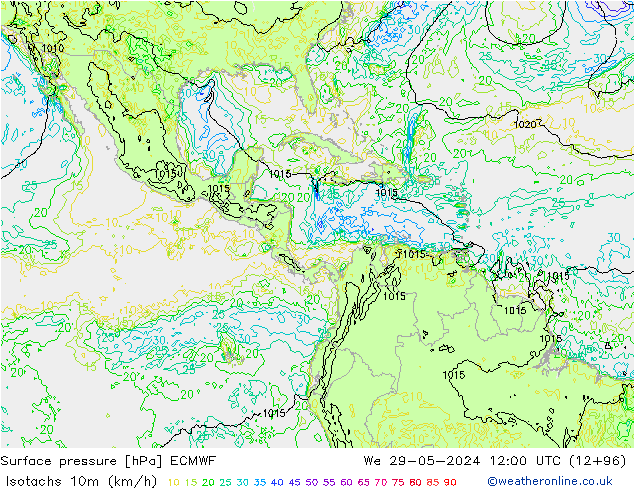 Isotachs (kph) ECMWF mer 29.05.2024 12 UTC
