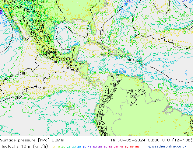 Isotachs (kph) ECMWF gio 30.05.2024 00 UTC