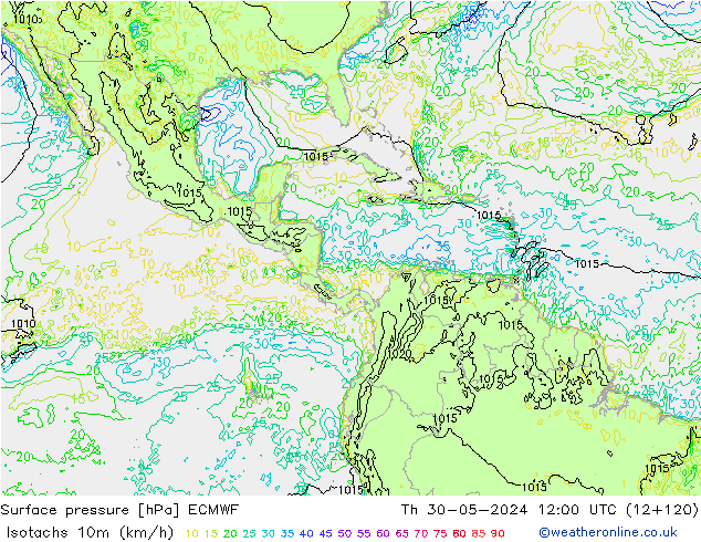 Isotachs (kph) ECMWF Th 30.05.2024 12 UTC