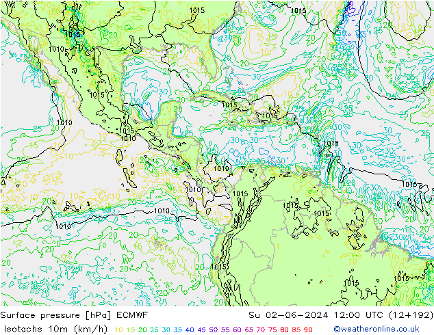 Isotachs (kph) ECMWF  02.06.2024 12 UTC