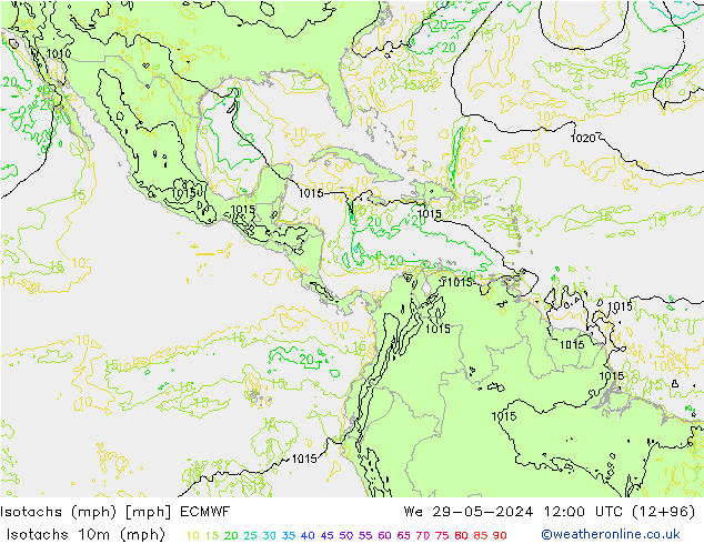 Isotachs (mph) ECMWF mer 29.05.2024 12 UTC