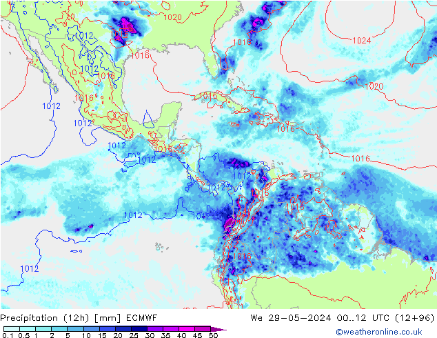 Totale neerslag (12h) ECMWF wo 29.05.2024 12 UTC