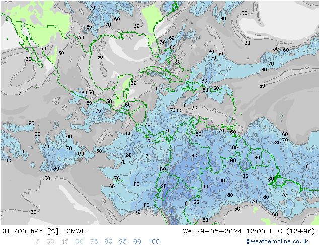 RH 700 hPa ECMWF We 29.05.2024 12 UTC