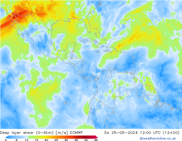 Deep layer shear (0-6km) ECMWF Sa 25.05.2024 12 UTC