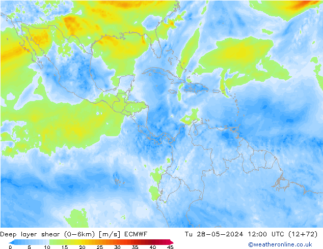 Deep layer shear (0-6km) ECMWF mar 28.05.2024 12 UTC