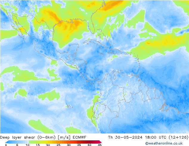 Deep layer shear (0-6km) ECMWF Th 30.05.2024 18 UTC