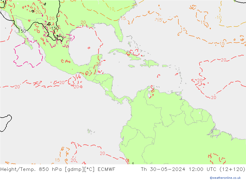 Geop./Temp. 850 hPa ECMWF jue 30.05.2024 12 UTC