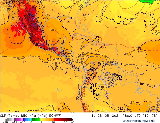 SLP/Temp. 850 hPa ECMWF Út 28.05.2024 18 UTC