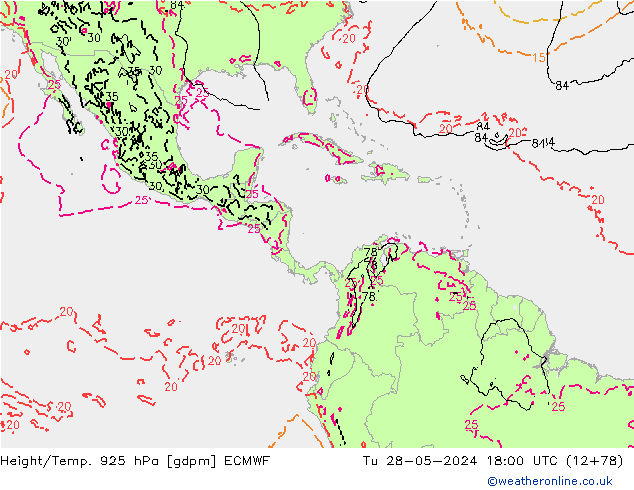 Height/Temp. 925 hPa ECMWF Út 28.05.2024 18 UTC