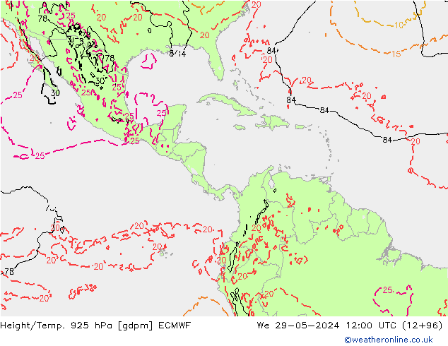 Height/Temp. 925 hPa ECMWF We 29.05.2024 12 UTC