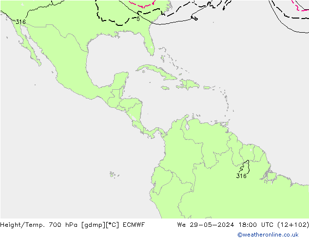 Height/Temp. 700 hPa ECMWF mer 29.05.2024 18 UTC