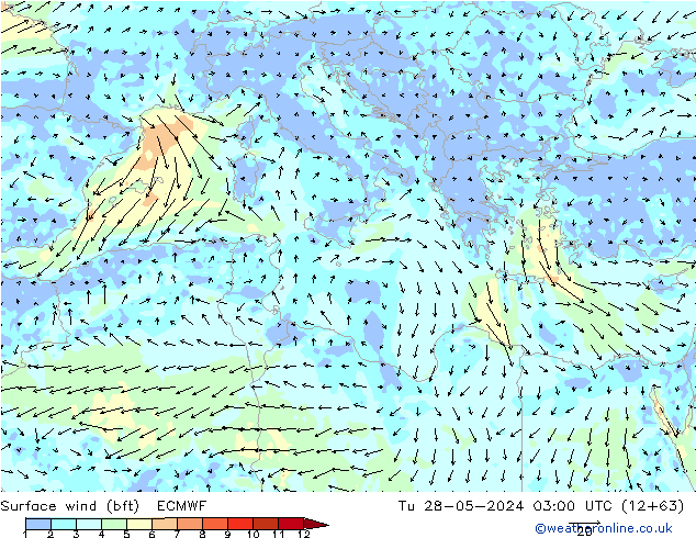 Surface wind (bft) ECMWF Út 28.05.2024 03 UTC