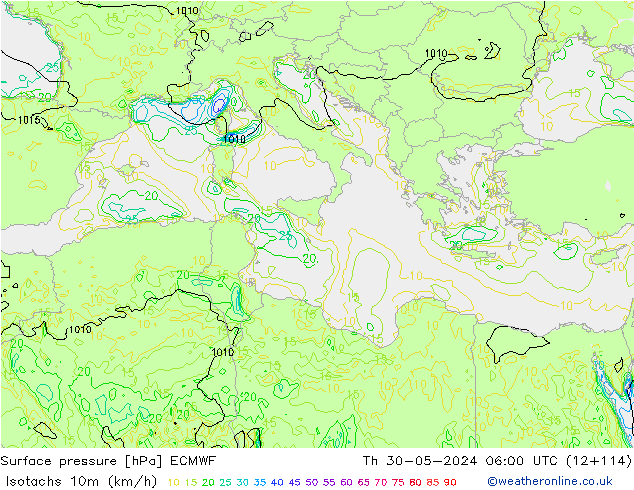 Isotachs (kph) ECMWF Th 30.05.2024 06 UTC