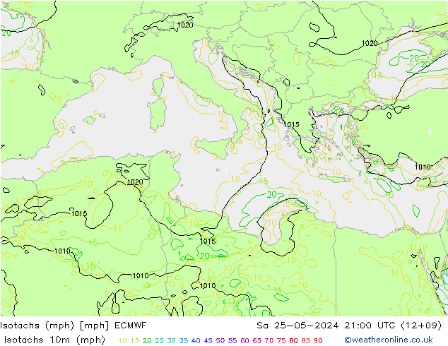 Isotaca (mph) ECMWF sáb 25.05.2024 21 UTC