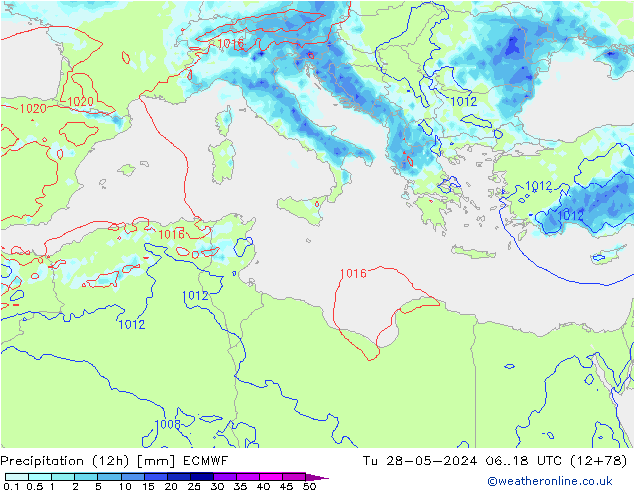 Precipitation (12h) ECMWF Út 28.05.2024 18 UTC