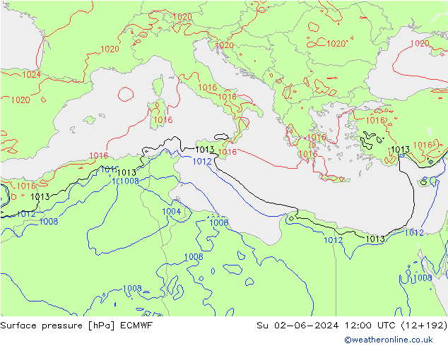 Pressione al suolo ECMWF dom 02.06.2024 12 UTC