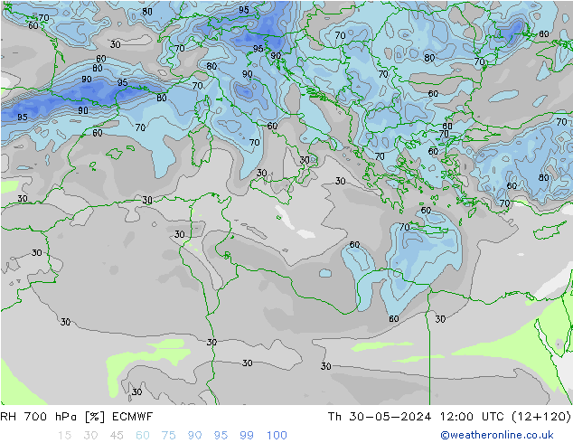 RH 700 hPa ECMWF Th 30.05.2024 12 UTC