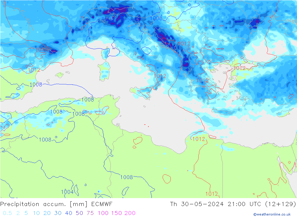 Precipitation accum. ECMWF Th 30.05.2024 21 UTC